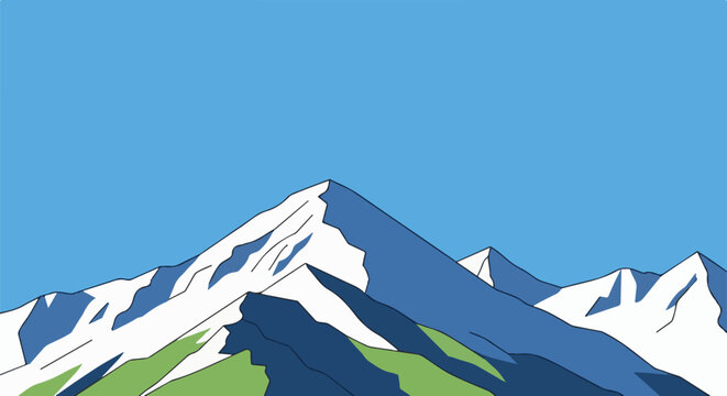 Stylized mountain range under a clear blue sky with snow-capped peaks