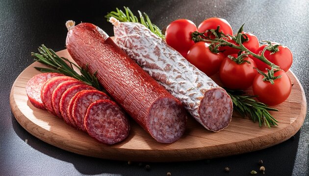 traditional salami sausages herbs tomatoes served wooden board composition