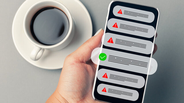 Scam call sms messages received on a smartphone while having coffee