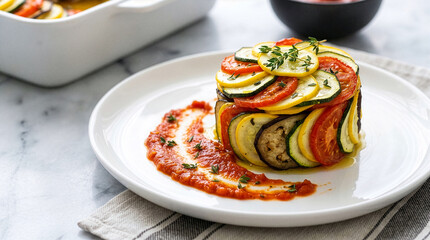 Gourmet Ratatouille Tower with Tomato Sauce and Fresh Thyme Garnish on a White Plate © Studio Fiuza