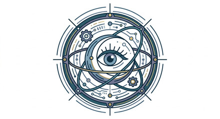 Mystical Eye Symbol with Orbiting Elements and Gears. © widodo