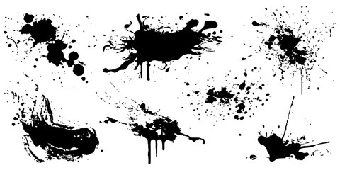 Obraz premium Black ink splat and blots with grunge splashes, splatter texture vector illustration design background with stain, drip, spray and abstract ink pattern elements