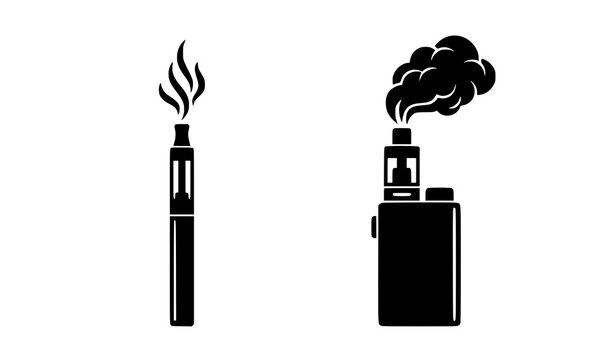 Vaping device silhouette icons with vape pen and box mod vapor vector illustration isolated on white background