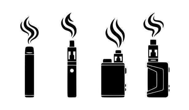 Black silhouette vaping device icons with disposable vape pen and box mod vaporizer vector set