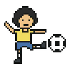 Obraz premium Cute man play football or kick ball 8 bit cartoon with soccer,exercise,cup,world.