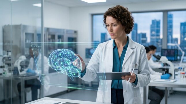 A female scientist in a lab coat, using a digital tablet with a holographic brain visualization in a modern laboratory setting.