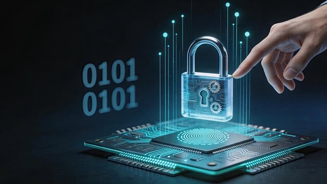 Finger touching holographic padlock over circuit board, binary code background, cybersecurity protection, data encryption technology concept