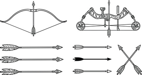 Archery bow and arrow vector set featuring detailed linear illustrations of a traditional longbow modern compound bow and fletched hunting arrows isolated on white background. © MDSaiful