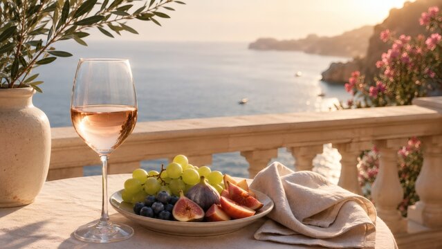 A glass of ros&eacute; wine stands beside grapes, figs, blueberries, and a folded cloth on a stone terrace overlooking the sea at sunset