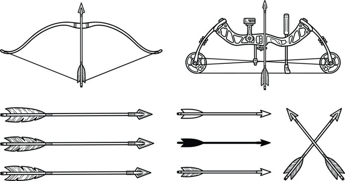 Archery bow and arrow vector set featuring detailed linear illustrations of a traditional longbow modern compound bow and fletched hunting arrows isolated on white background.