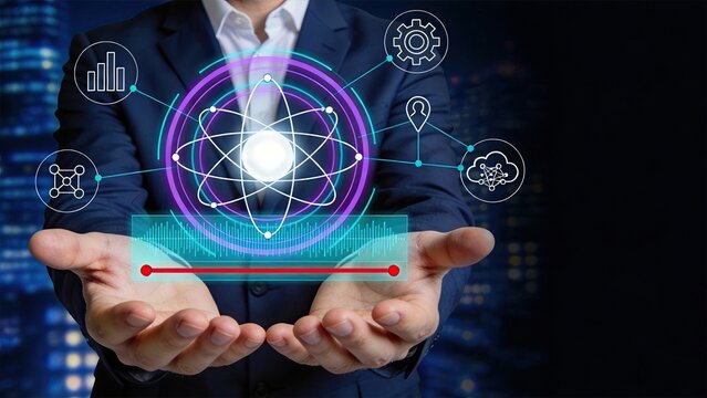 Businessman holding futuristic atom hologram with connected icons for science and technology, illustrating innovation, research, physics, chemistry, and strategic planning in