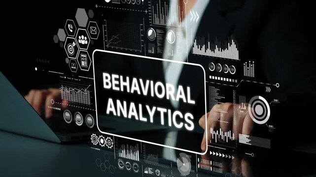Business professional analyzing data with digital interface showcasing behavioral analytics insights and visual representations. Asymptotic smart data analytic.