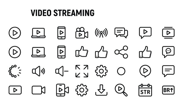 Video Streaming Black Line Icons for User Interface Design Isolated on White