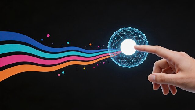 Human hand touching a glowing digital sphere with colorful data streams, representing global connectivity and information flow in the modern world.