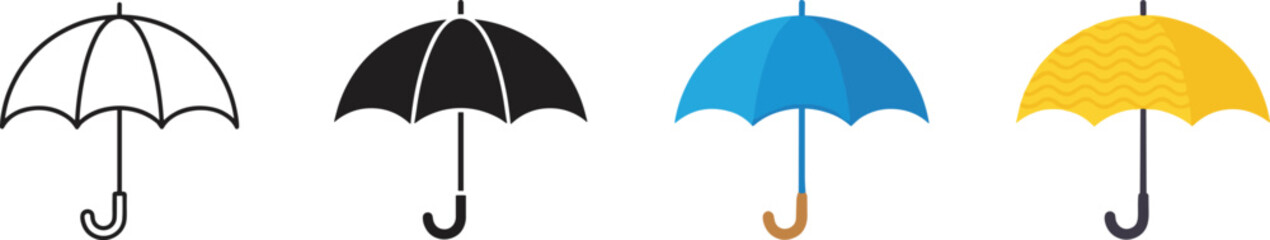 Umbrella icon vector set featuring linear black silhouette blue and yellow open parasol designs isolated on a plain white background style layout. © MDSaiful