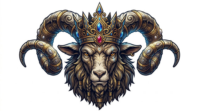Ram King Crowned Majestic Horns Fierce Animal Portrait.