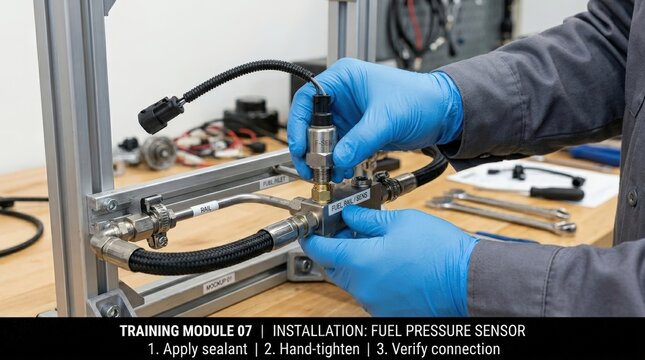 Technician Installing Fuel Pressure Sensor on Test Bench