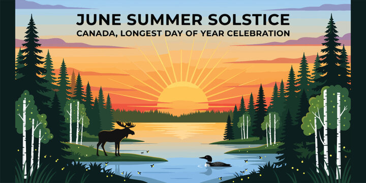 June summer solstice Canada landscape with glowing sunset over tranquil forest lake, moose silhouette, loon on shimmering water and tall spruce birch trees, scenic longest day illustration for season