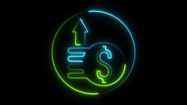 Dual-colored neon outline with green and blue light forming a dollar sign, an upward arrow, and stacked lines within a circular frame on a black backdrop, illustrating a balanced approach to