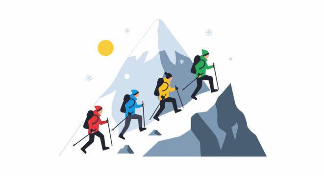 Four hikers ascend a snow-covered mountain, guided by trekking poles
