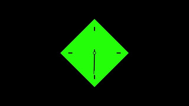 Diamond Shaped Bright Green Clock Face with Black Hands and Markers Displaying Approximately Ten Minutes Past Ten on a Solid Black Background with No Other Present