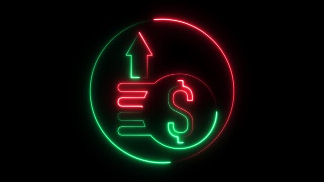 Contrasting neon outline with red and green lights forming a dollar sign, an upward arrow, and stacked lines inside a circle on a black background, symbolizing the duality of financial markets and