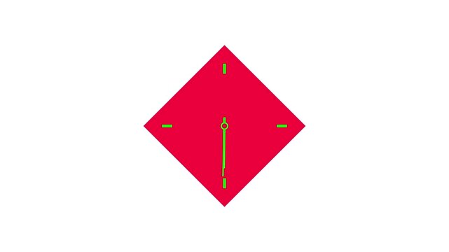 Vibrant Red Diamond Shaped Clock Face with Bright Green Hands and Markers Displaying Approximately Ten Minutes Past Ten on a Clean White Background
