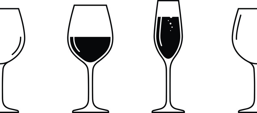 Wine glass icon vector set featuring linear black outlines and filled silhouettes of red wine goblets and champagne flutes isolated on white background.