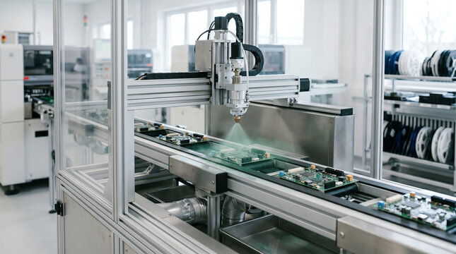 Selective conformal coating line spraying a protective film onto finished circuit boards for environmental protection inside an electronics manufacturing facility during a finishing operation
