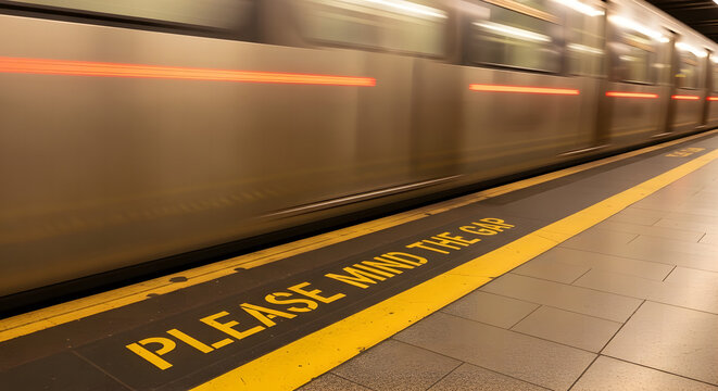 Yellow safety warning mind the gap painted on subway platform floor