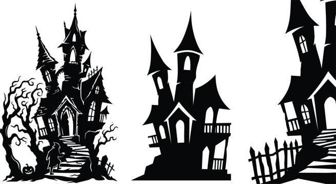 Spooky haunted house silhouette vector set featuring creepy gothic castles crooked windows old dead trees and fences isolated on a white background.