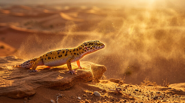 Vibrant reptile scene with gecko basking peacefully among desert rocks and warm sunlight