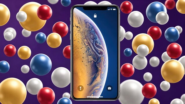 Smartphone Mockup With Abstract Planet Lock Screen Wallpaper Colorful Metallic Balls On Purple Background