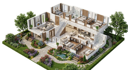 Fototapeta premium Expansive 3D rendered modern luxury home showcasing a detailed cutaway view of its multiple furnished floors, elegant open-plan interiors, and a meticulously landscaped surrounding garden