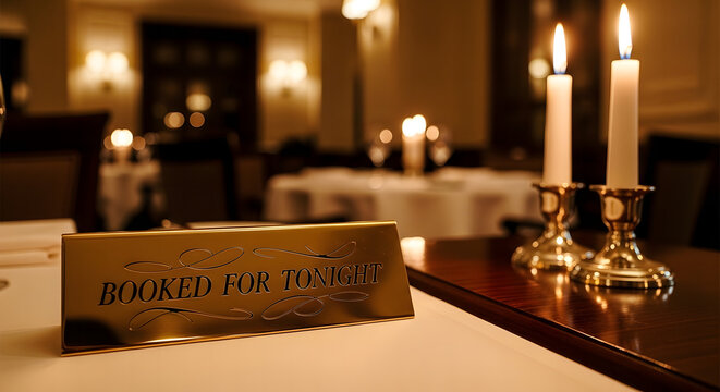 Elegant gold booked for tonight sign on a candlelit restaurant table