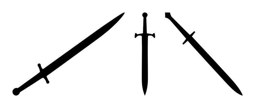 Black silhouette, white background: sword set with simple line art design featuring outline, illustration, graphic elements with clean design and vector art