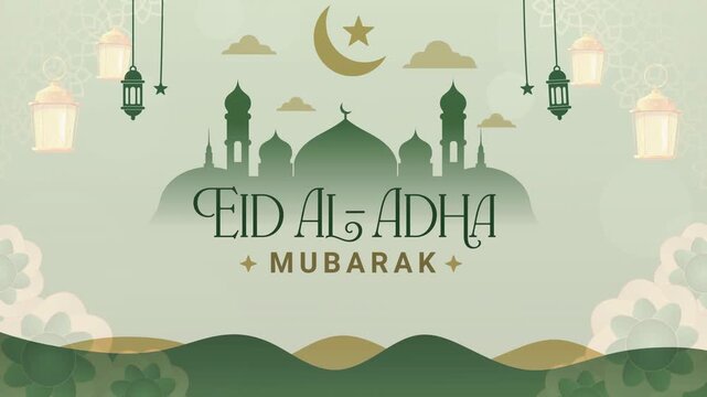 Minimalist Eid Al-Adha Mubarak greeting background with a green mosque silhouette, hanging line-art lanterns, and a crescent moon.