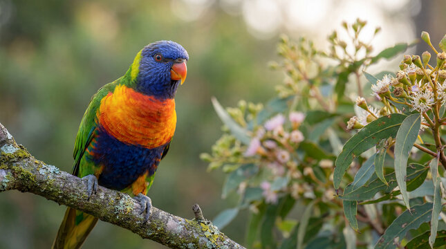 Australian rainbow lorikeet colorful bird wildlife eucalyptus nature portrait travel bright native parrot perched among foliage highlights tropical color biodiversity and iconic Australian birdlife