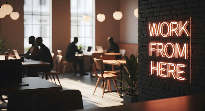 Neon sign with work from here text in a busy coworking space cafe
