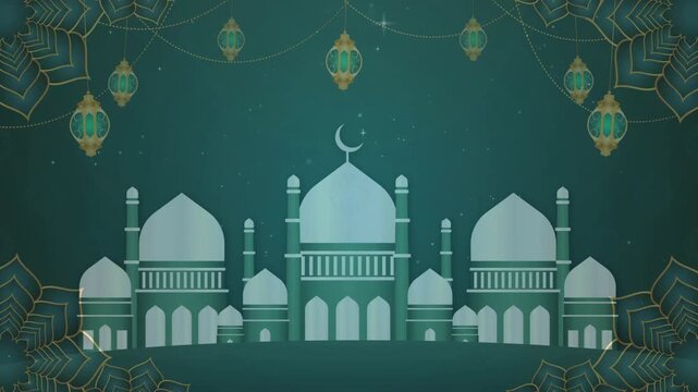 Elegant green and gold Islamic background with a beautiful mosque, hanging traditional lanterns, and floral corner framing.