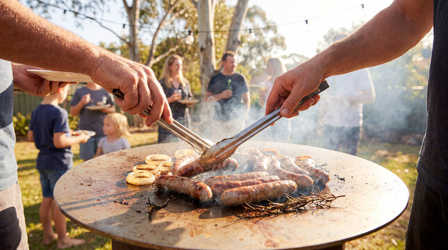 Australian barbecue sausages backyard grill summer food family gathering lifestyle hands cooking snags outdoors capture casual weekend hospitality social tradition and relaxed suburban gatherings