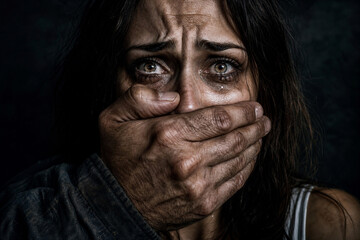 Obraz premium Woman with Hand Over Her Mouth Crying Domestic Violence Awareness
