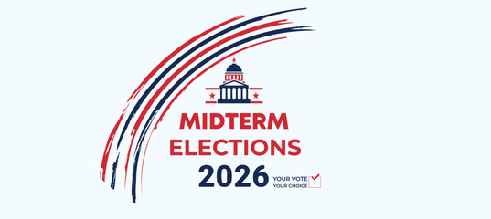 Obraz premium Midterm Elections 2026 Patriotic Banner Design with Capitol Building and Red Blue Wave Abstract Style
