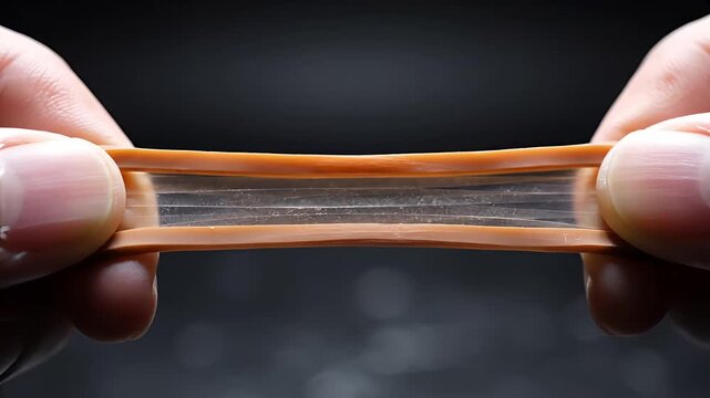 Close up of hands stretching a thin translucent material.