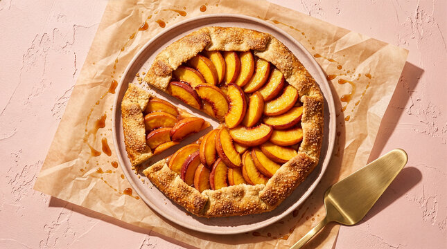 Delicious homemade peach galette with golden crust and caramel sauce served on a pink textured background with a golden pie server