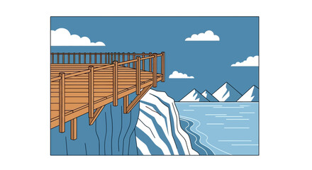 Wooden deck overlooking icy ocean with mountains and clouds, arctic landscape © abc