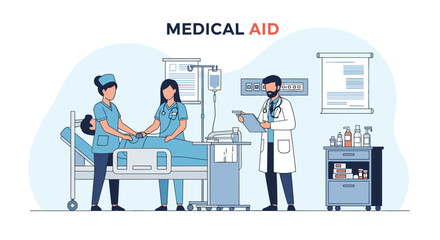 Fototapeta premium Medical team including doctors and nurses provide care to a patient in a hospital bed surrounded by professional equipment and tools.