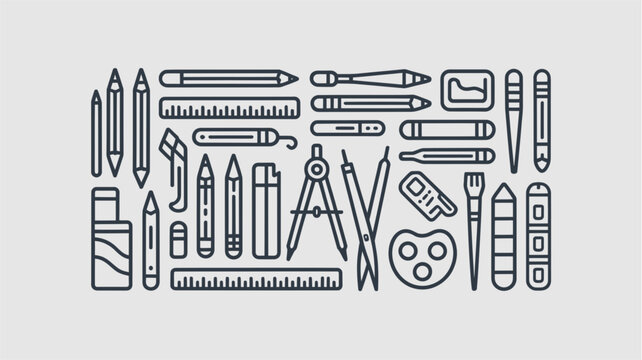 Collection of various artistic and drafting tools on a gray background