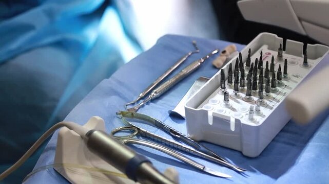 Closeup Shot Of Surgical Kit With Drills And Accessories On Sterile Surface Under Focused Light
