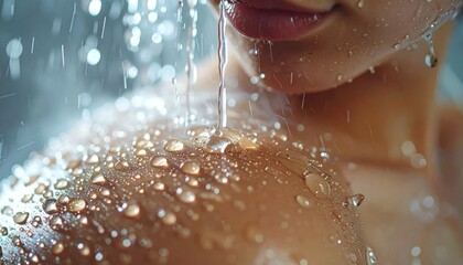 Fototapeta premium Close-up of a persons shoulder and face under a refreshing shower with water droplets.